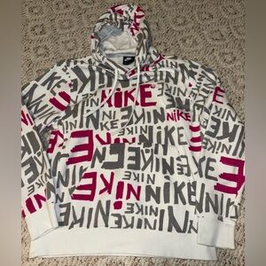 Nike Men's White Hoodie with Gray and Pink Lettering